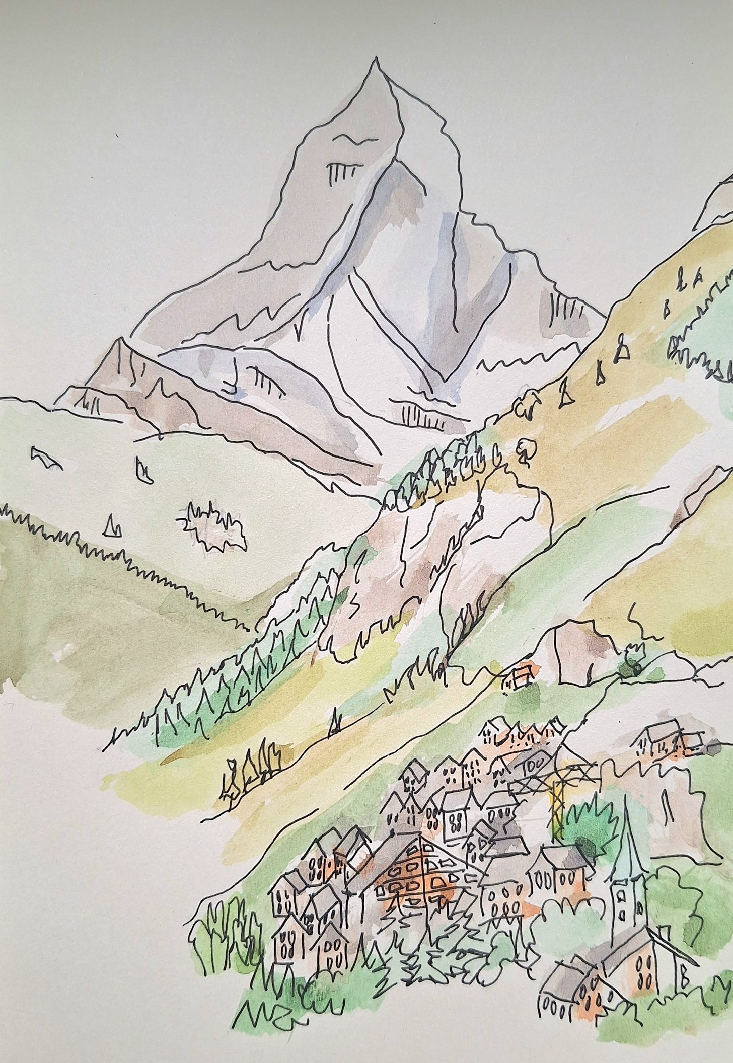 Pen and ink sketch with watercolour.  The Matterhorn with foothills and village in the foreground.