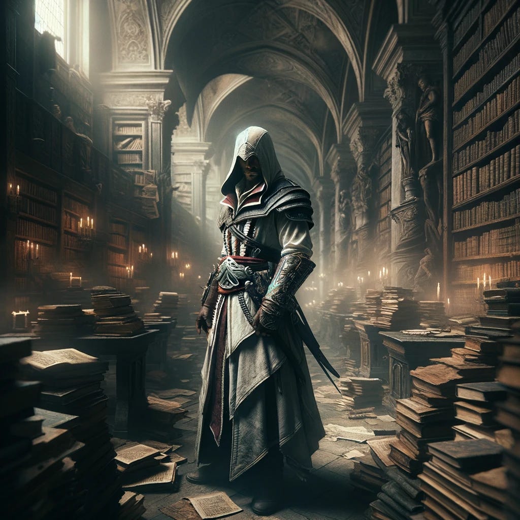 In the shadowy recesses of an ancient library, a figure stands apart, cloaked in the iconic garb of an Assassin from the Assassin's Creed series. His attire is a blend of historical accuracy and fictional flair, featuring a hooded robe, leather bracers, and the subtle glint of hidden blades. The library around him is a labyrinth of knowledge, with books and scrolls cascading into chaos. Despite the disarray, the Assassin finds solace in the shadows, his presence almost ethereal. The scene is carefully composed to emphasize the contrast between his dark, mysterious demeanor and the chaotic whirl of activity in the library. Soft, ambient light filters through distant windows, casting a subtle glow that highlights the intricate details of his outfit and the serene focus on his face as he contemplates his next move.