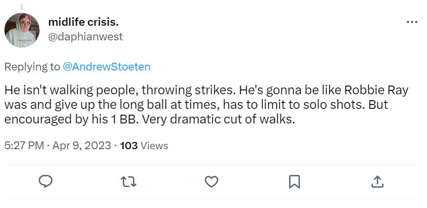 @daphianwest He isn't walking people, throwing strikes. He's gonna be like Robbie Ray was and give up the long ball at times, has to limit to solo shots. But encouraged by his 1 BB. Very dramatic cut of walks.