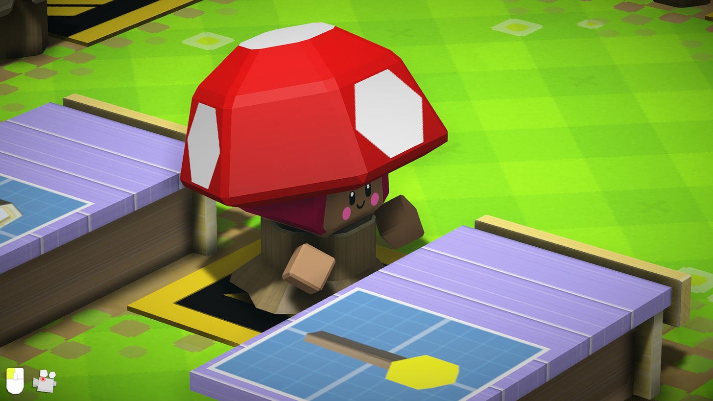 Screenshot uit Autonauts: Amy's player character verkleed als paddestoel, die een torch craft.