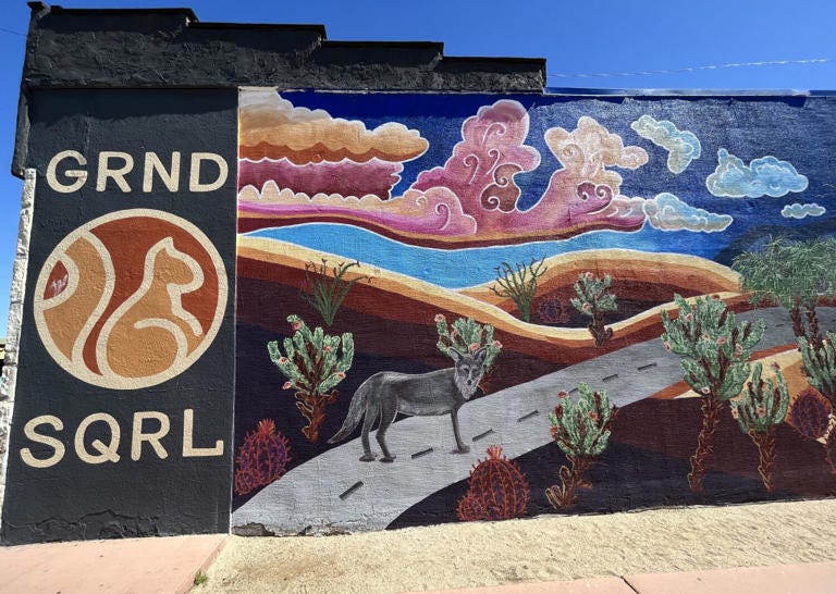 Tripod's likeness is depicted on a mural that artist Molly Keen painted on the side of Grnd Sqrl, a restaurant in downtown Twentynine Palms. ((Alex Wigglesworth/Los Angeles Times))