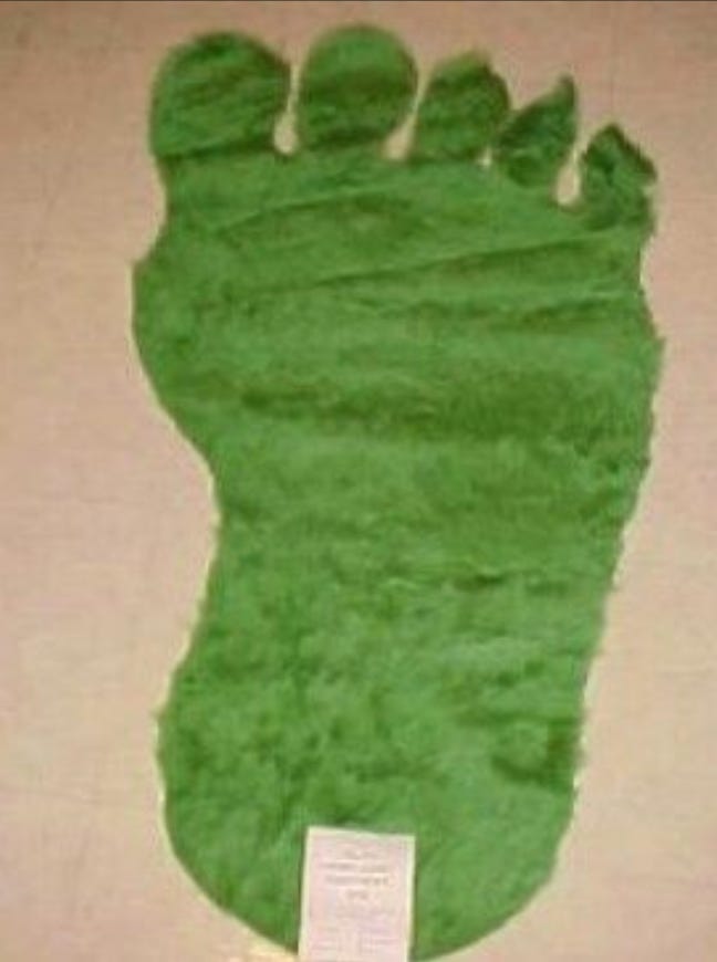 Photo of a green shag rug in the shape of a footprint