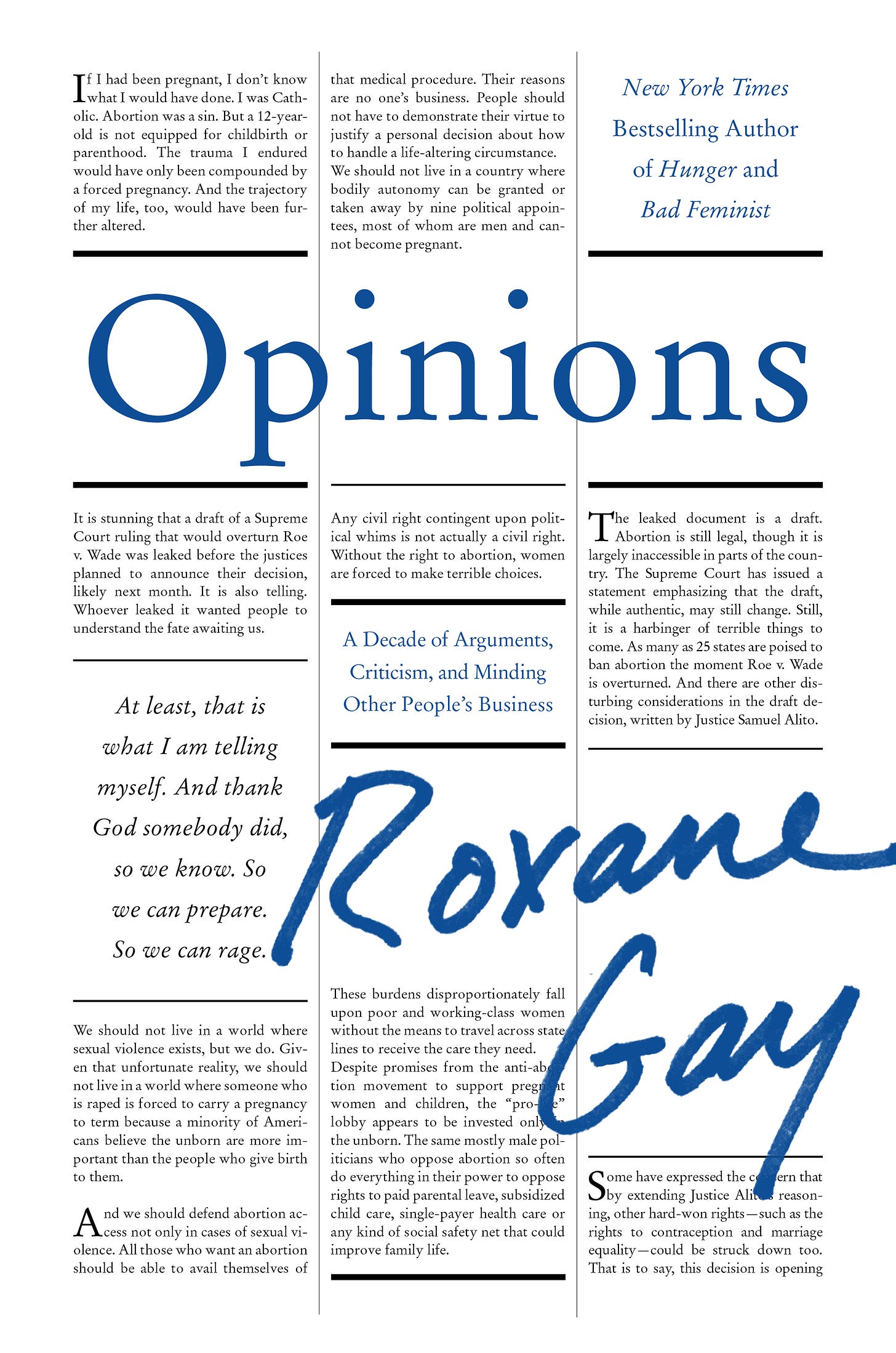 The cover of Opinions, with blue typography and three columns of excerpts from the book, designed to look like a newspaper.