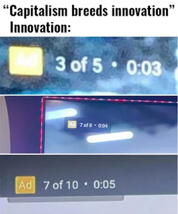 Text: “Capitalism breeds innovation.” Images show multiple unskippable video ads: 3 of 5, 7 of 8, 7 of 10.