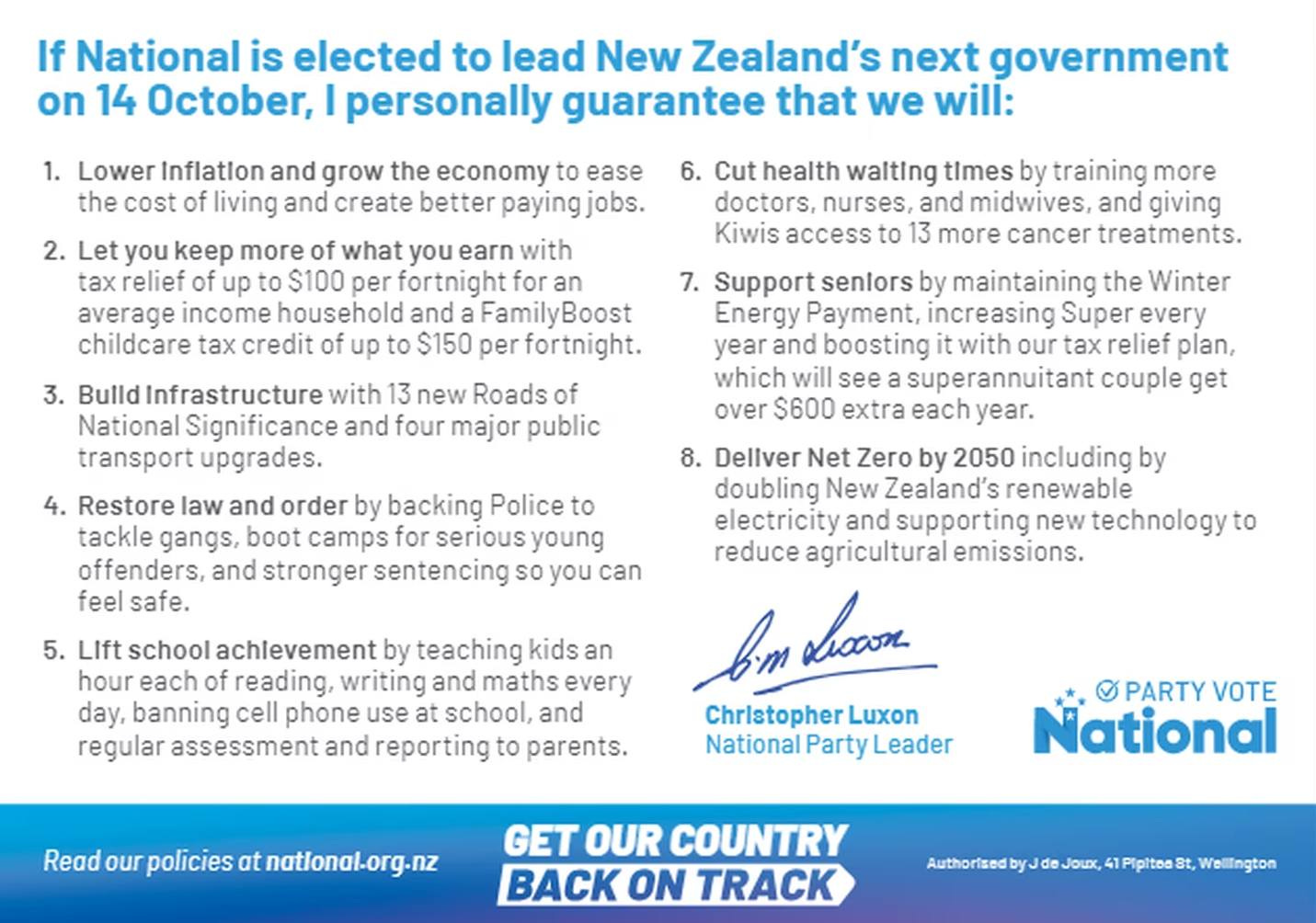 National's pledge card.