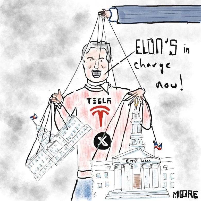 A cartoon drawing of Elon Musk holding the state capitol and Denver city hall by marionette strings. Donald Trump's hand holds Musk by marionette strings