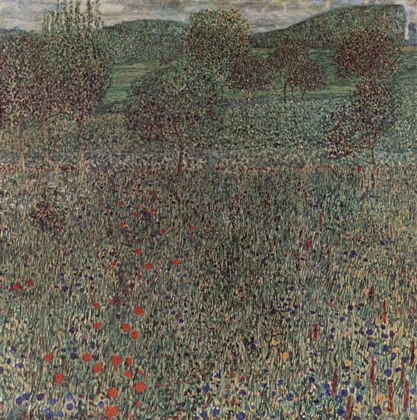 An art nouveau painting, oil on canvas, of a field of flowers and trees, "Blooming Field" by Gustav Klimt, 1909.