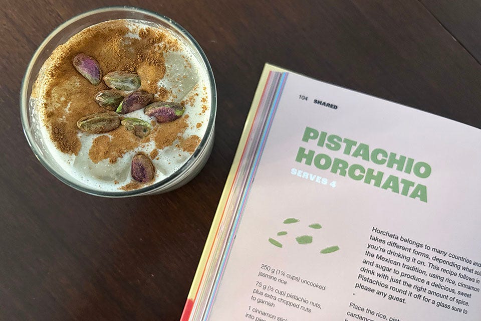 A recipe for pistachio horchata, next a real life cup of horchata.