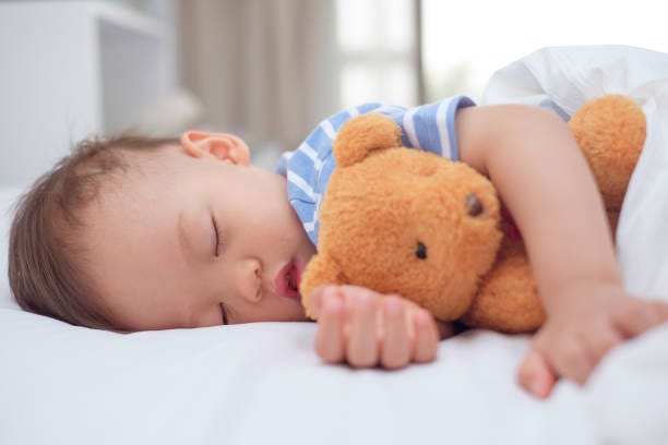 Cute Healthy Little Asian Toddler Baby Boy Child Sleeping Taking A Nap  Under Blanket In Bed While Hugging Teddy Bear Stock Photo - Download Image  Now - iStock