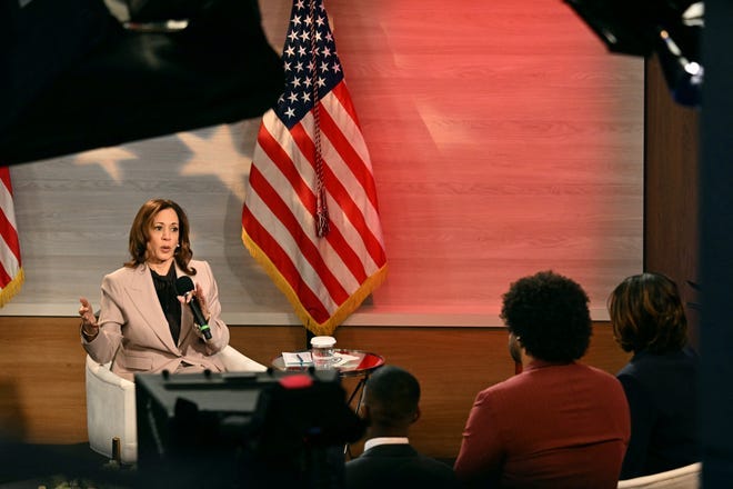 US Vice President and Democratic presidential candidate Kamala Harris holds a discussion hosted by the National Association of Black Journalists (NABJ), in Philadelphia, Pennsylvania, on September 17, 2024.