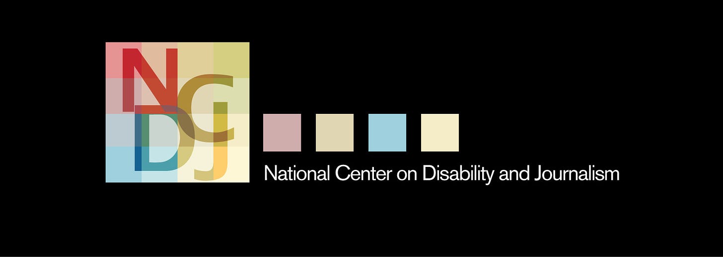 This is a logo for the National Center on Disability and Journalism, which doesn’t have alt-text for its logo! Against a black background, there are 4 opaque square blocks of color: red, dark yellow, blue, and light yellow. They are also combined and overlaid into one square with the letters NCDJ within.