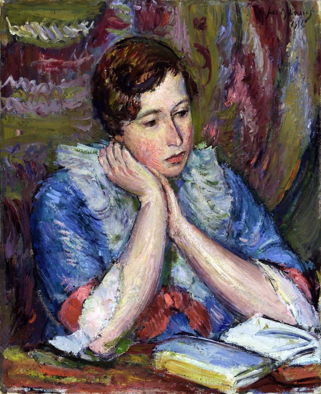 Colorful, late Impressionist-style painting of a woman sitting with a book open in front of her and a thoughtful expression on her face