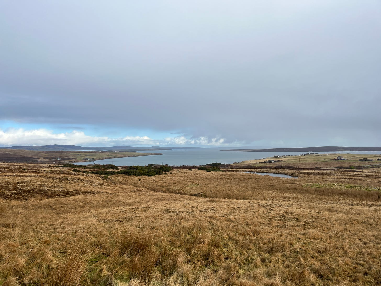 View of a bay with grassland in the forefront. Mill Bay, Hoy