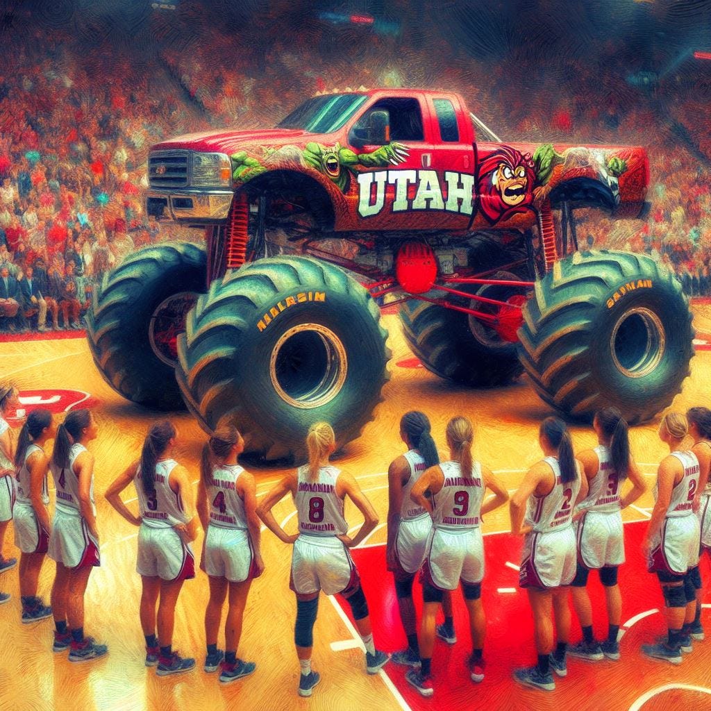 South Carolina women's basketball players looking at a University of Utah monster truck on a basketball court, impressionism