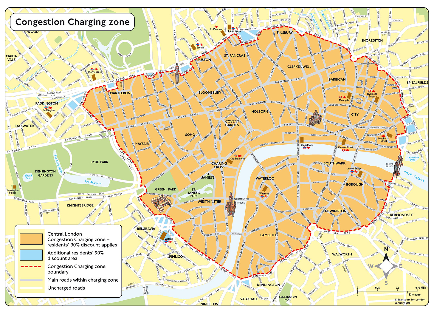 Map of the London congestion charging zone from TfL.