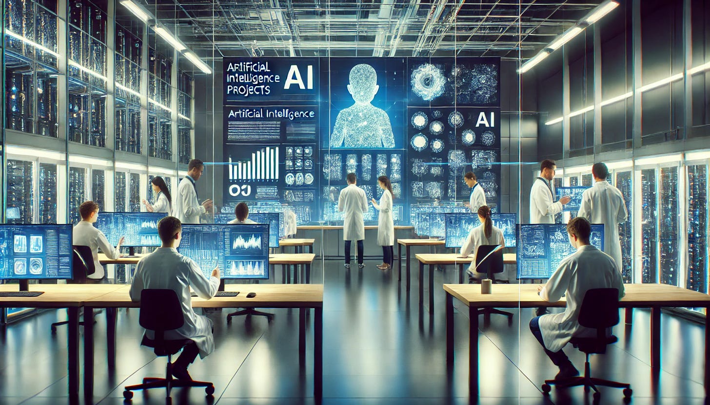 A modern laboratory with scientists working on artificial intelligence projects. The lab is filled with advanced technology and multiple screens displaying data and AI algorithms. The environment is sleek, high-tech, and collaborative, showcasing scientists analyzing and developing AI models. The image is in a 16:9 aspect ratio, highlighting the widescreen format and detailed setting.