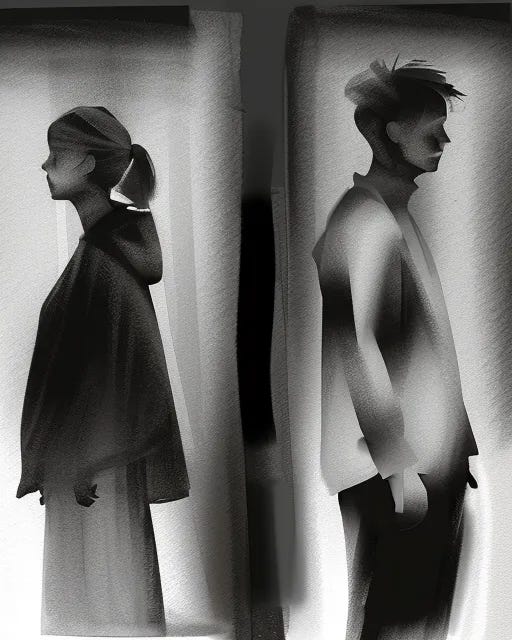 A charcoal sketch of two people, silhouetted, in profile, standing back to back.