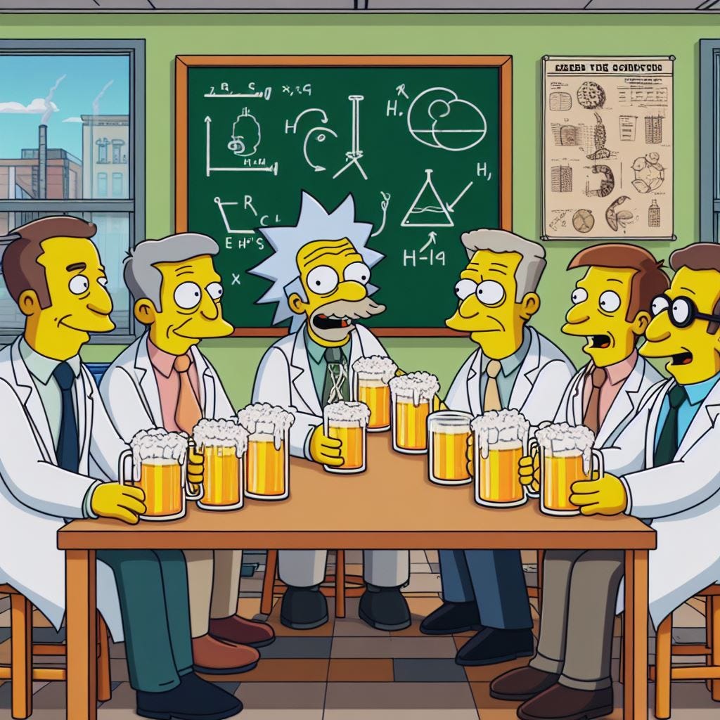 In the style of Simpsons a group of scientists drink beer at a kitchen table