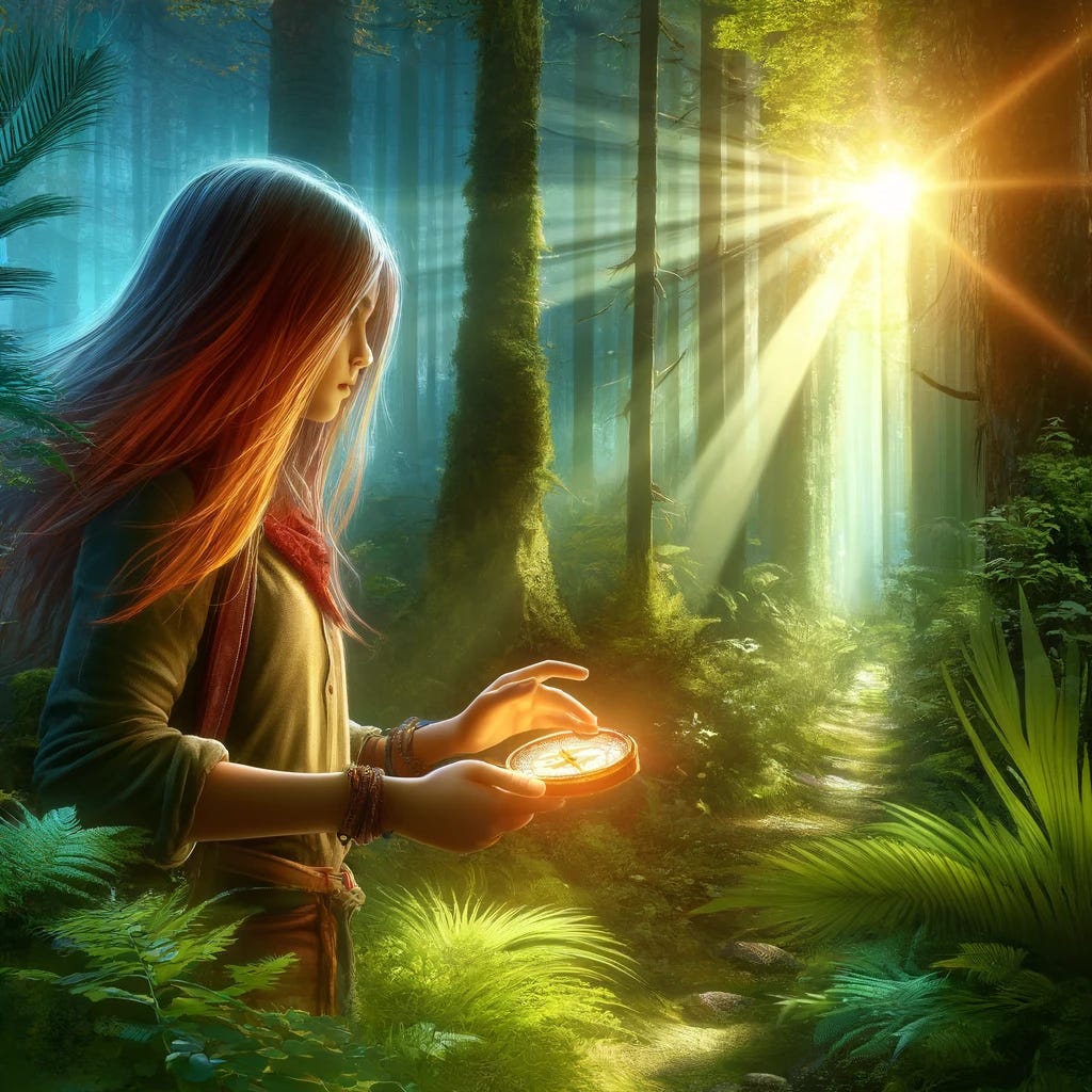 A digital art of a teenage girl, long red hair, inspired expression, walking through a lush forest. She is looking at a glowing compass in her hand, indicating her path. The forest is dense with tall green trees, dappled sunlight piercing through leaves, creating a mystical and serene ambiance. Vibrant foliage colors, soft natural light, detailed forest scenery, textured tree bark, light rays effect, immersive atmosphere, dynamic composition.