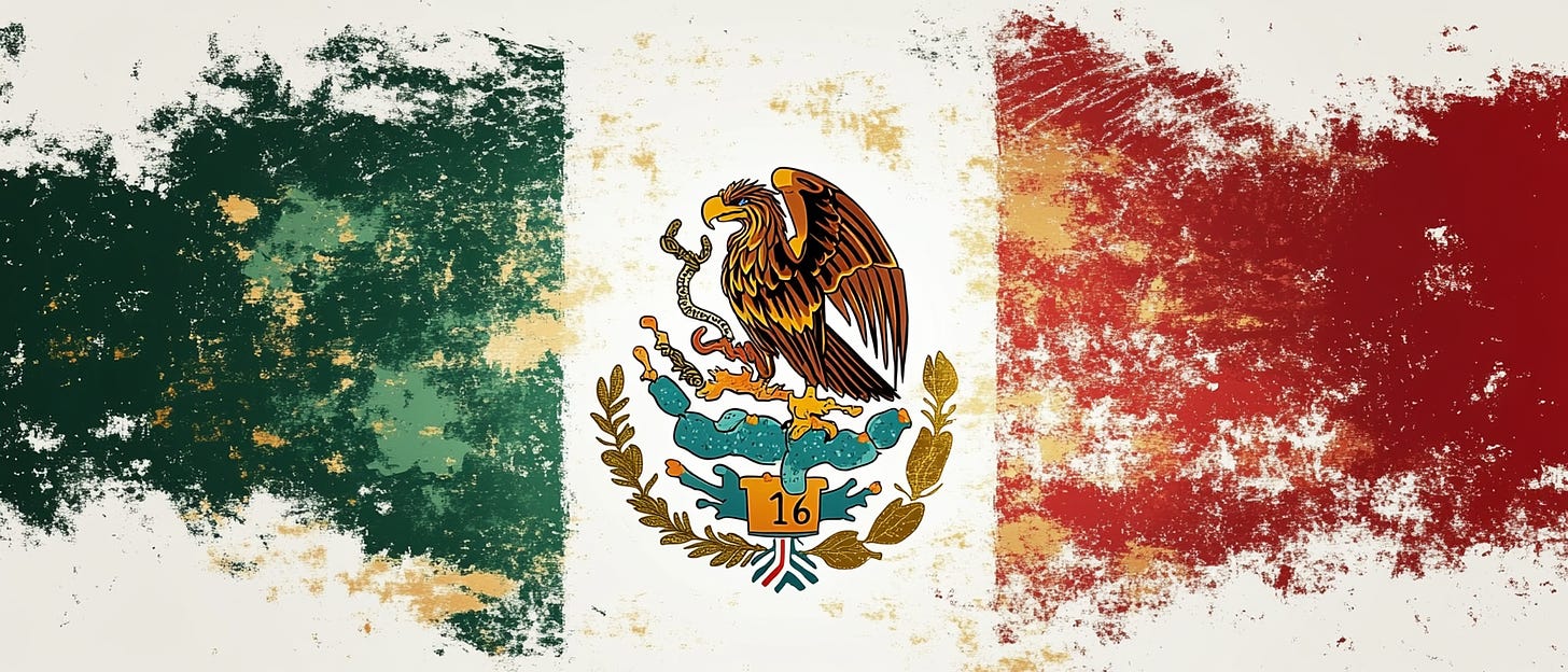 Distressed-style illustration of the Mexican flag featuring three vertical stripes: green, white, and red. The central white stripe contains the national emblem of an eagle perched on a cactus, holding a snake in its beak and talon, surrounded by a wreath. The design has a weathered, textured appearance, giving it a vintage, worn look.