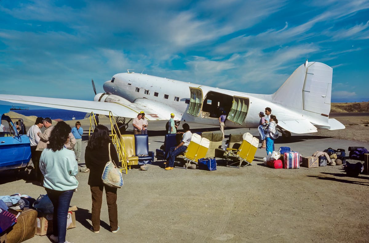 The DC-3 Taildragger! This rugged aircraft served two purposes: transporting passengers and cargo to the island