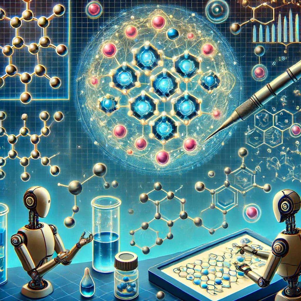 Illustration of generative AI creating new molecule structures for drug discovery.