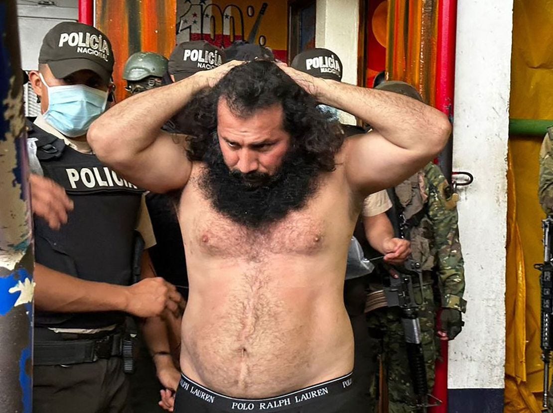 Picture released by the Ecuadorean Armed Forces showing Adolfo Macias, aka Fito, leader of the Los Choneros criminal gang, while being transferred to The Rock maximum-security complex on August 12, 2023.