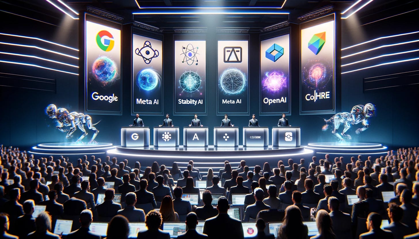 A futuristic conference room, with representatives from five major tech companies, each standing behind a podium adorned with the logo of Google, Meta AI, Stability AI, OpenAI, and Cohere. The room is filled with screens displaying various types of AI models for video, language, audio, coding, and other modalities. The atmosphere is electric, with a crowd of diverse, eager spectators watching in anticipation. Each representative is gesturing towards the screens, showcasing the groundbreaking technologies they're releasing. The setting is modern, sleek, and filled with innovative technology, embodying the pinnacle of technological advancement.