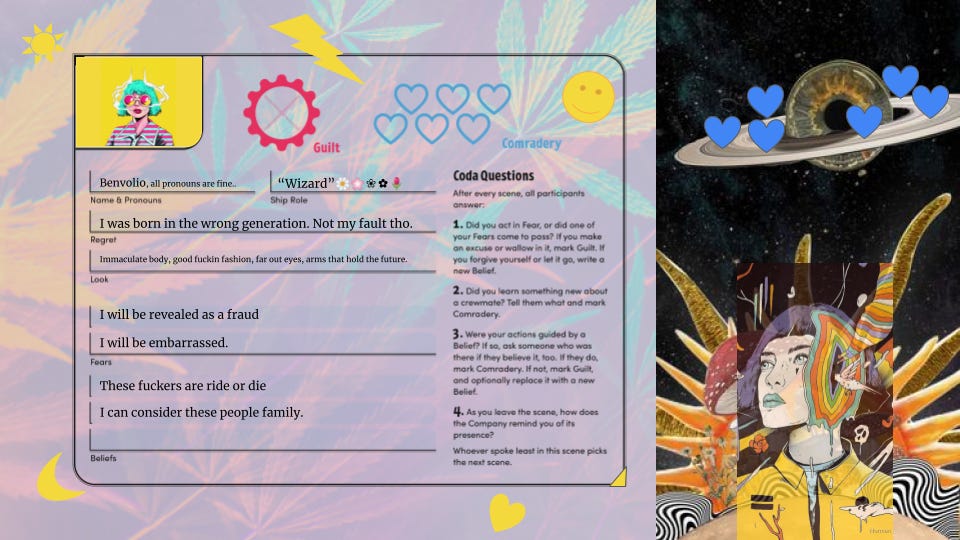 On the left two thirds, a character sheet with transparent background sits atop a texture of pot leaves. On the right third, a psychadelic background image of mushrooms, Saturns rings orbiting an eyeball, and squiggly lines frames a similarly styled portrait of a person in a yellow jumpsuit.