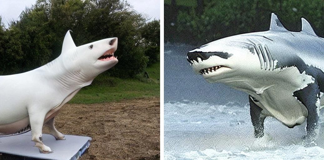 simulated photos of sharks that are also cows