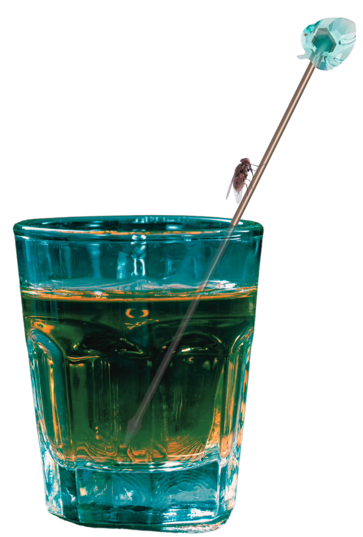 A rocks glass with fluting on the sides. The glass is tinted blue-green and filled most of the way with a brown-greenish-yellow liquid. A swizzle stick is in the glass angled to the right and is topped with a glass shape. a black fly is crawling up the swizzle stick.