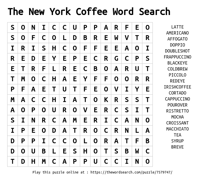 Word Search on The New York Coffee Word Search