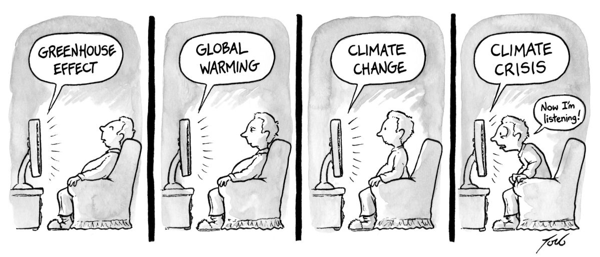 A cartoon showing a person watching tv in four panels. The first panel the TV is saying "greenhouse effect" and the person is asleep. In the second photo, the TV is saying global warming and the person is waking up. In the third the person's eyes are fully open and the TV says climate change. In the fourth and final panel, the TV says "climate emergency" and the person is leaning toward it with wide open eyes.