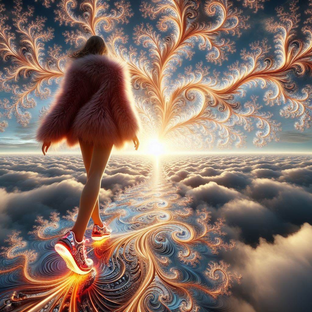 Hyper realistic; tilt shift; woman LED Light-Up Shoes /Metallic Temporary Tattoos /Faux Fur Stole.Dendritic Patterns: Branching patterns resembling trees or branches fractal trees that reach a spiral and disappear in center .sunny sky, fluffy clouds. Vast distance. sunshower. radiant