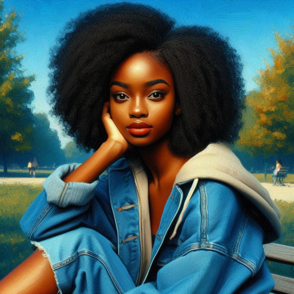 génère l'image d'une belle jeune femme noire keynianne assise dans un parc, style peinture d'huile sur fond bleu