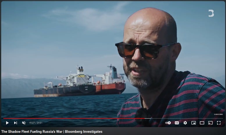 Screenshot of a Bloomberg YouTube video reporting on Russia's shadow fleet exporting oil to the world