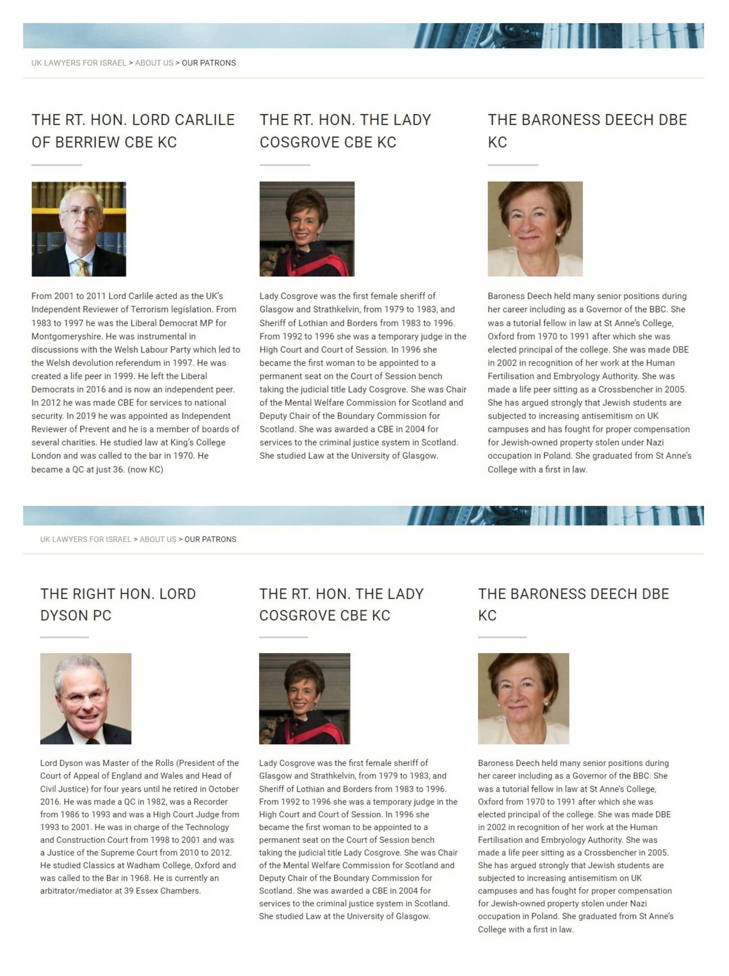 The website for UK Lawyers for Israel before the profile of Lord Carlile was removed (top) and afterwards (bottom, screengrab)