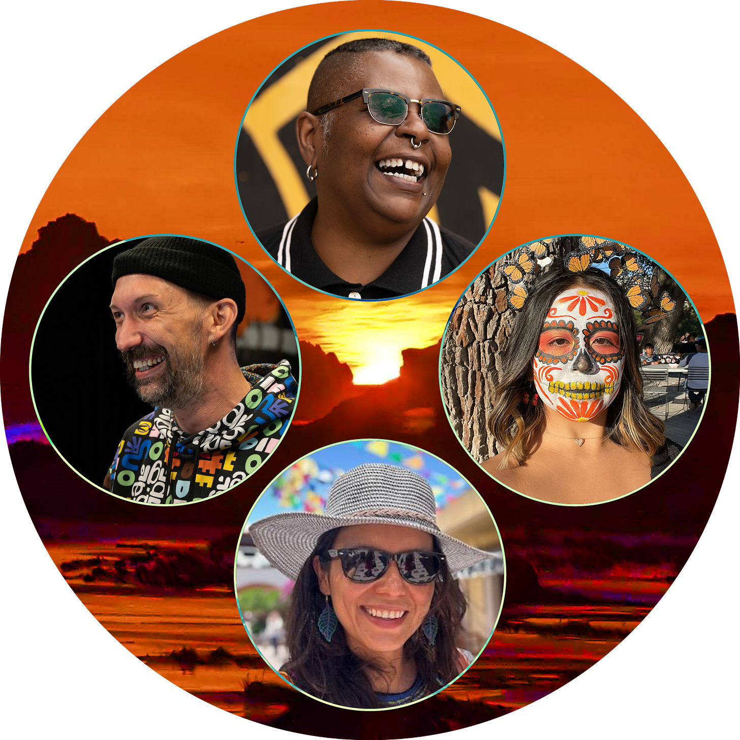 Headshots of Crystal Mason, Vanessa Rodriguez Minero, Wendy Martinez Morroquin, and Jason Wyman / Queerly Complex set against a colorful sunset at Mile Long Beach in Yelamu / San Francisco 