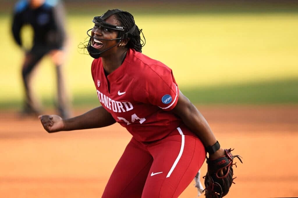 STANFORD, CALIFORNIA - MAY 25: NiJaree Canady #24 of the Stanford Cardinal celebrates her strikeout against the LSU Lady Tigers in the fourth inning during the NCAA Super Regionals at Boyd &amp;amp; Jill Smith Family Stadium on May 25, 2024 in Stanford, California. (Photo by Eakin Howard/Getty Images)