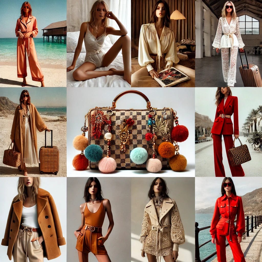 A visually engaging collage showcasing 2025 fashion trends: elegant matching pajamas styled as outerwear in chic beach and travel settings, bags adorned with playful and luxurious charms like pom-poms and beaded cords, models in suede coats and boho chic outfits with lace and chiffon, a sleek pair of skinny jeans styled with contemporary accessories, and a bold cherry-red outfit making a statement. The image is vibrant, stylish, and trend-forward, reflecting modern aesthetics.