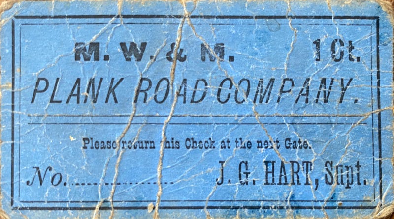 a ticket for a toll plank road from circa 1870