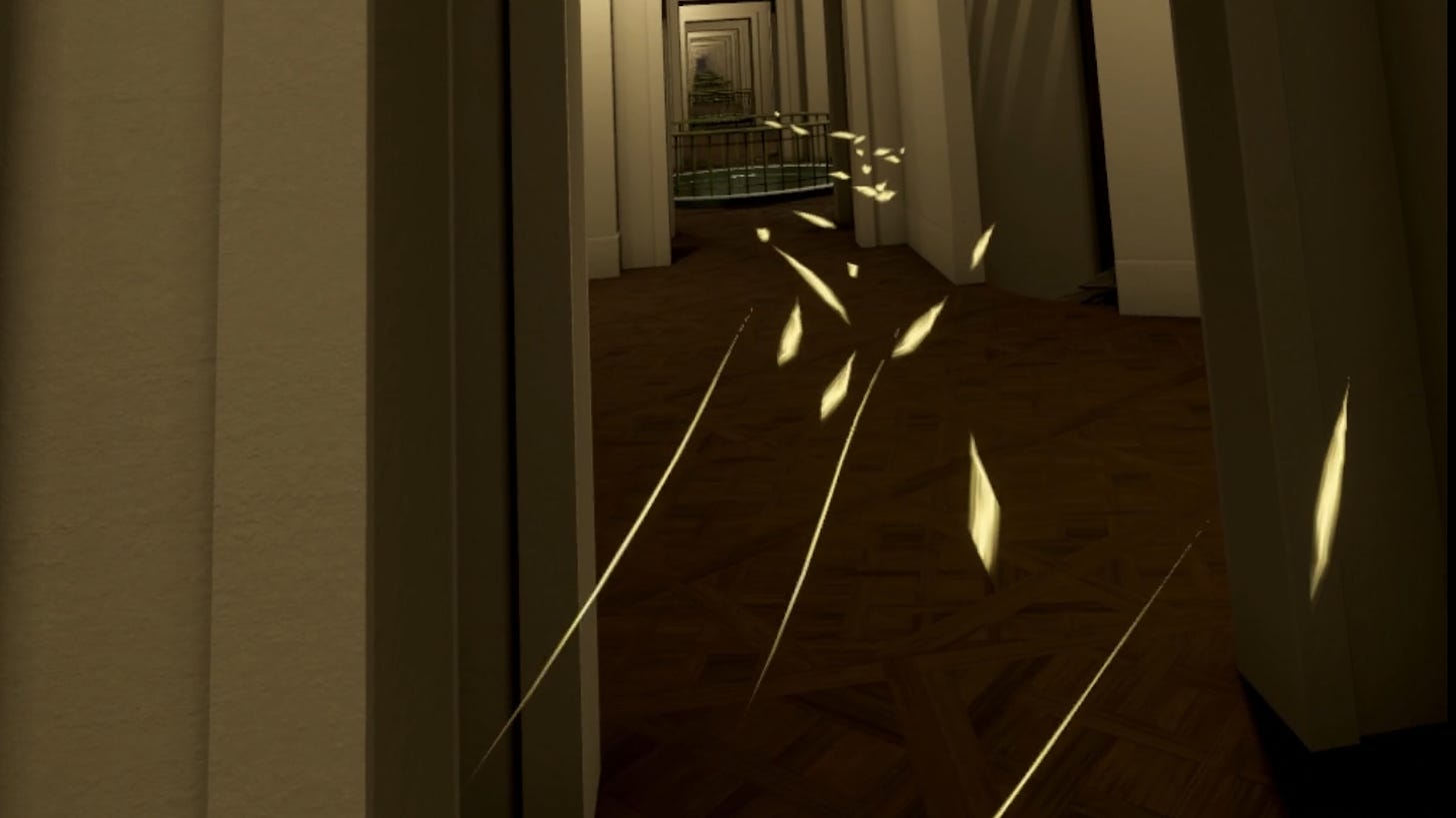 This is an image showing the pathway illumination to the book searched for in the VR version of the Library of Babel.