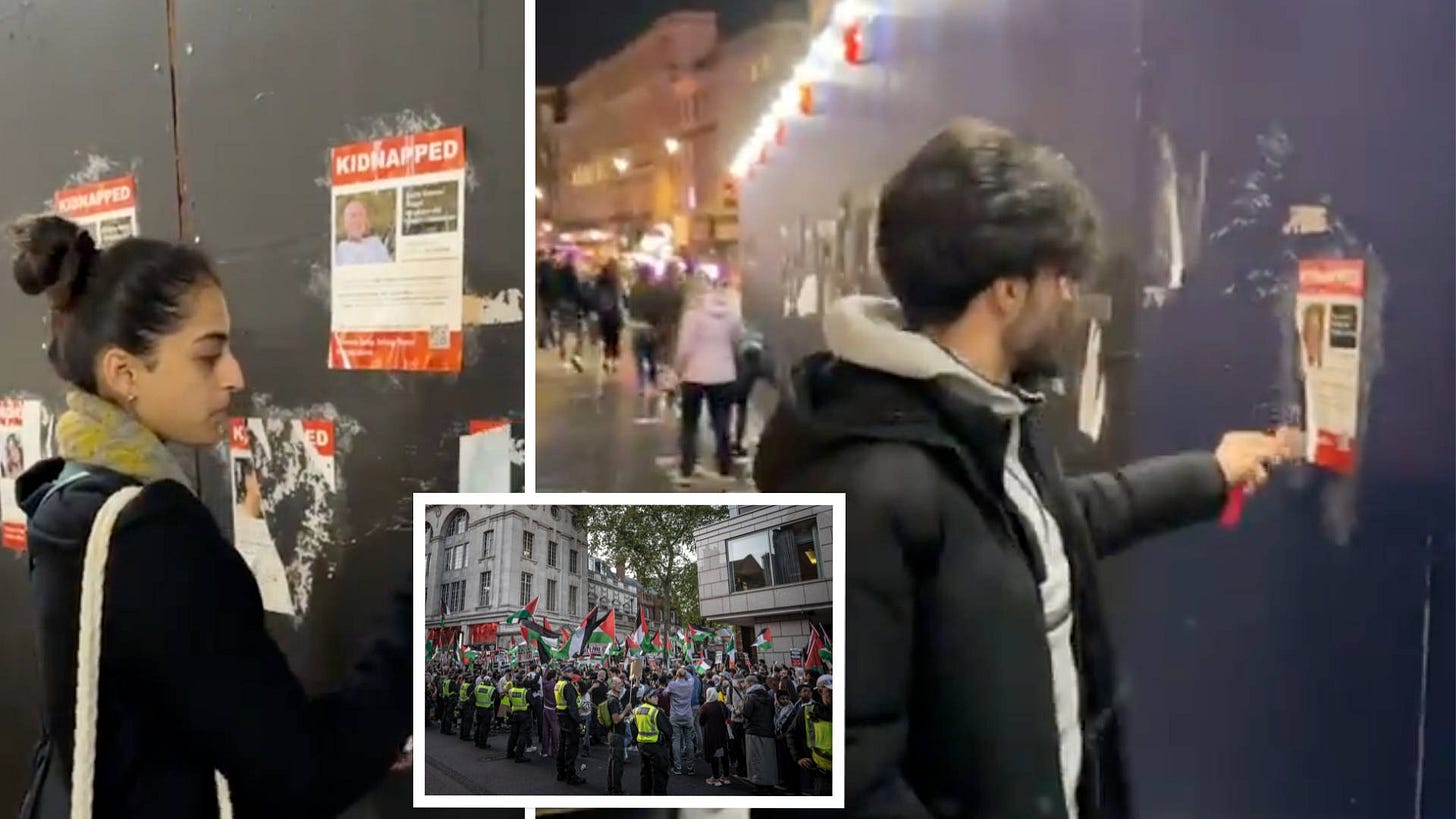Outrage as grinning activists seen tearing down posters of Israeli hostages  in Leicester... - LBC