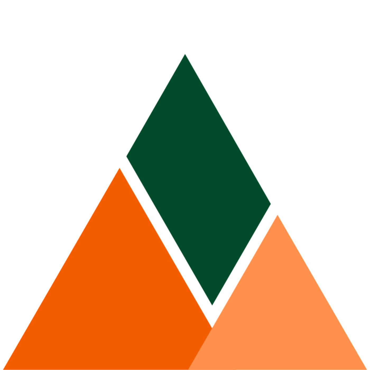 A triangle with three triangles inside, green and two different shades of orange. Between the triangles is white space in a reverse tick shape
