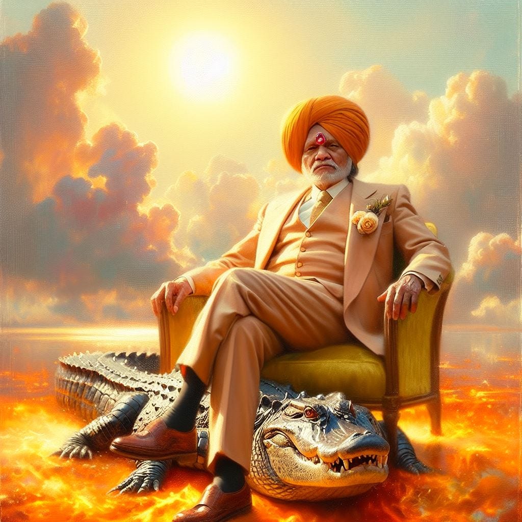oil painting and glass Tilt Shift, lens baby effect; • Hakone Open-Air Museum (Kanagawa, Japan) , Indian heroic middle aged man with tiny ruby on his third eye / in soft light pink and cream and orange bespoke suit with brown details and brown bespoke alligator shoes. He is sitting on a light yellow velvet sling back chair with an alligator. hyper realistic alligator eyes. fluffy clouds, sunny sky, sun made of plasma, lava sky