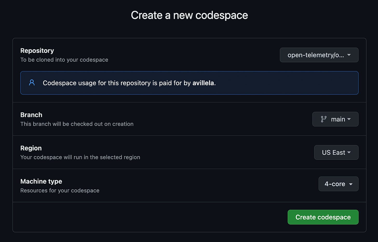 Screen capture depicting the fields that must be filled out when creating a new GitHub Codespace