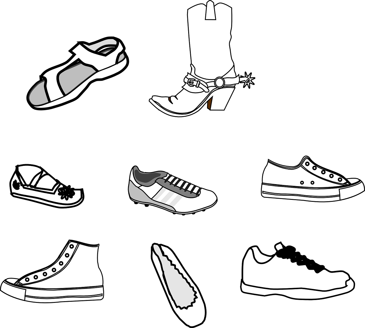 a variety of shoes and boots, in black and white illustration, from sandals to cowboy boots to ballet slippers and high-tops