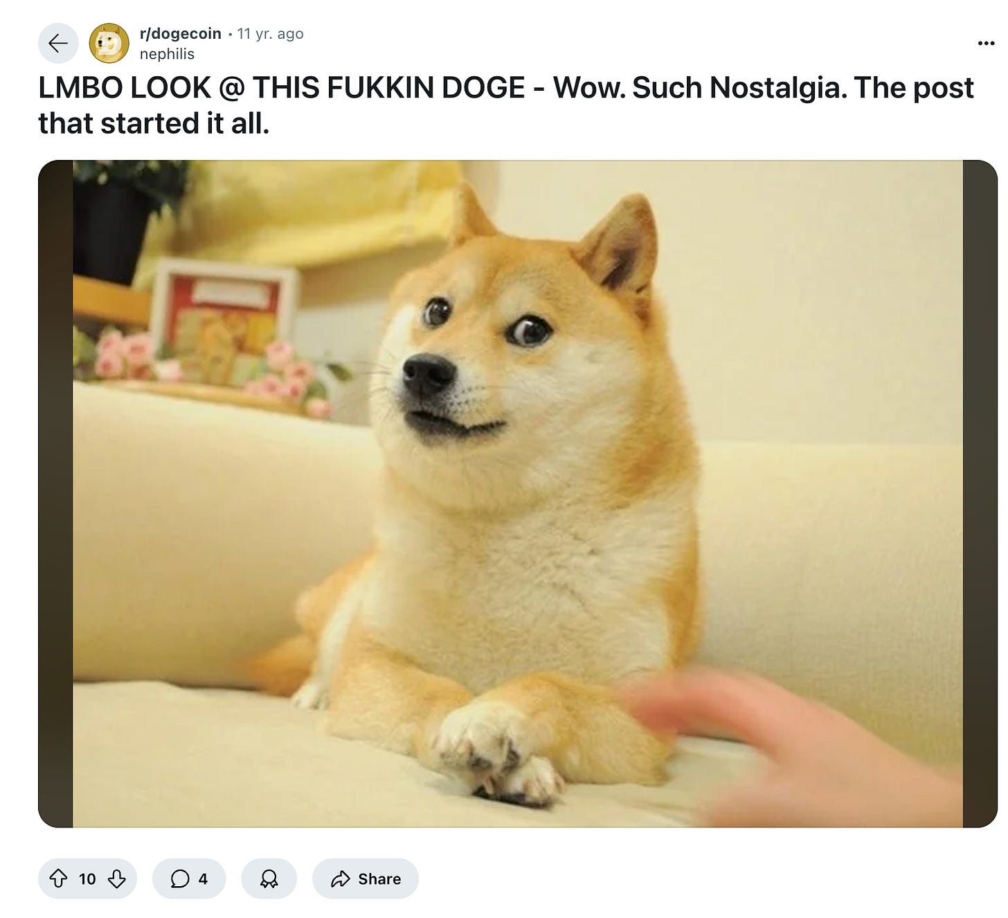 A reproduction of the original doge post with the words LMBO look at this fukkin doge and an image of Kabosu folding her arms