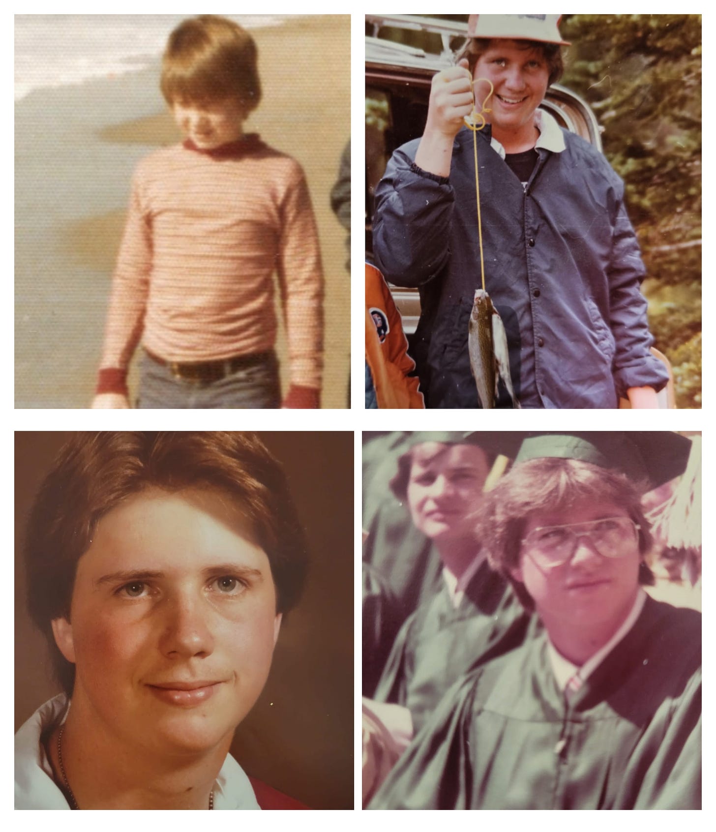 Collage of four pics showing Michael from age four to eighteen steadily gaining weight. 