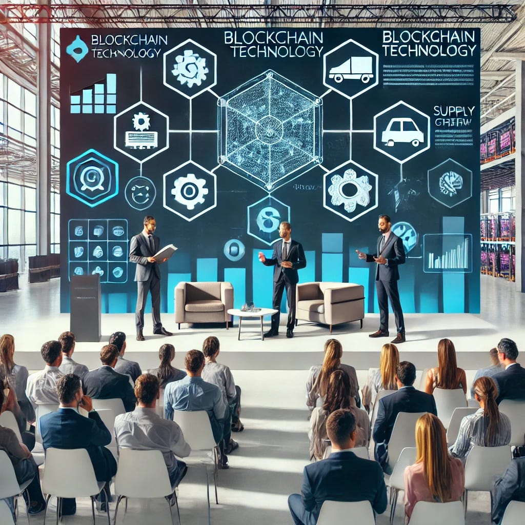 A professional webinar event in Valencia about blockchain technology in the textile industry. Show experts and consultants presenting on stage with screens displaying blockchain networks and supply chain diagrams. Include an audience of business professionals and company representatives taking notes. Modern, professional atmosphere with shades of blue and white.